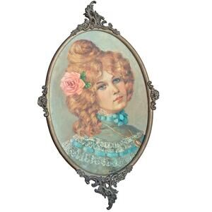 Vintage Italian Brass Frame with Beautiful Lady Portrait Painting -Art